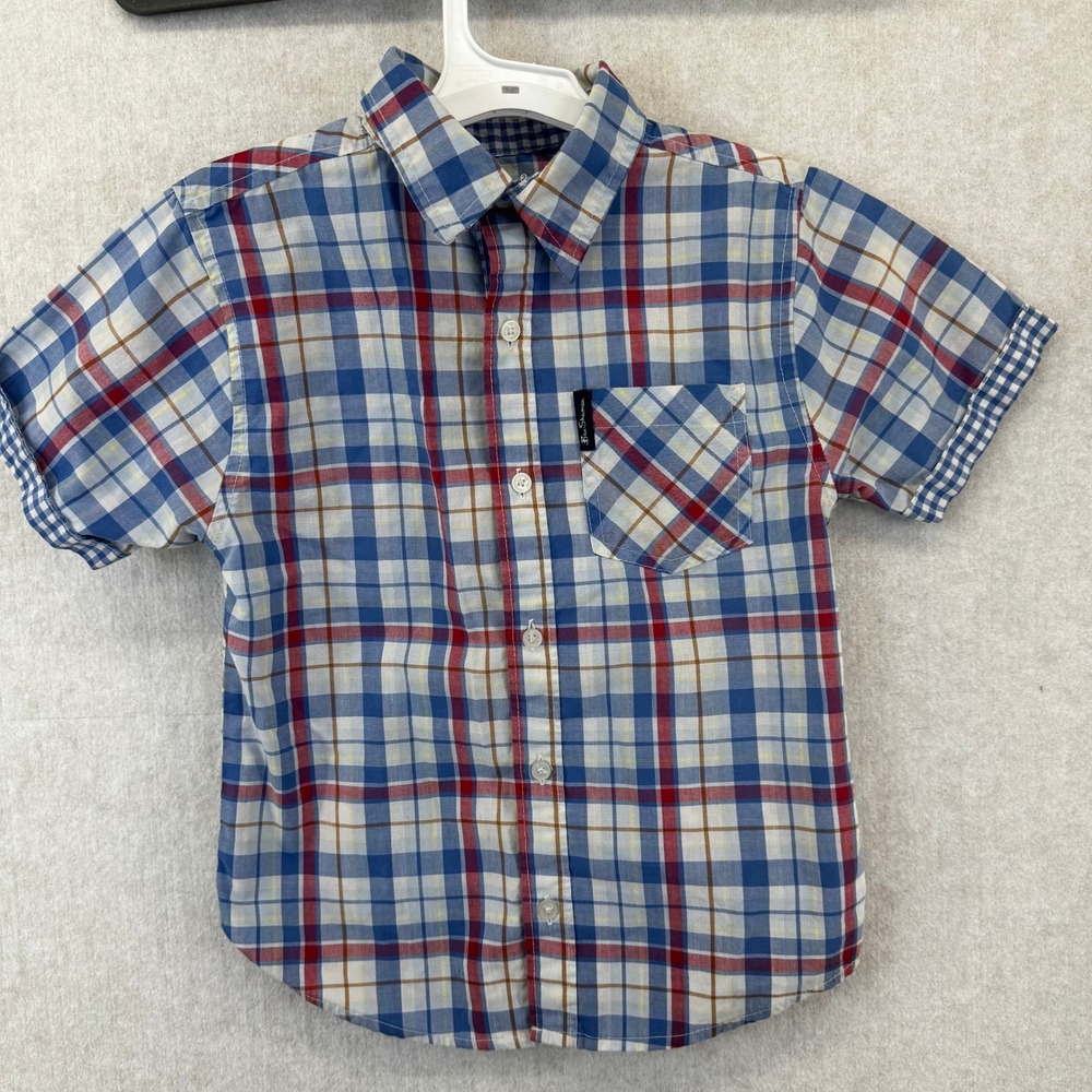 Ben Sherman Boys Blue Red Plaid Short Sleeve Button Down Shirt Size 6